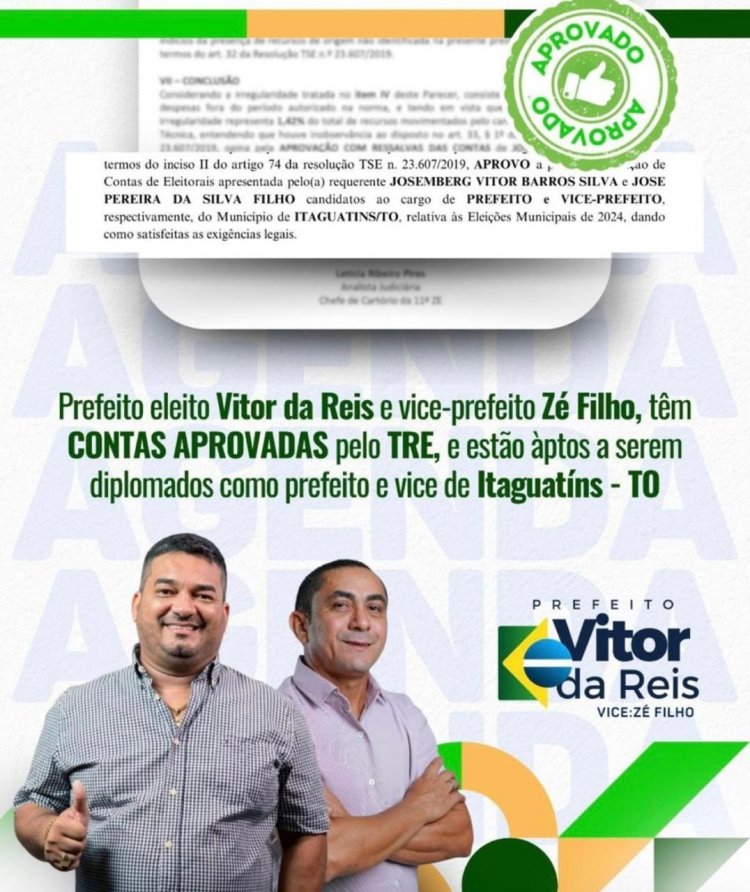 TRE-TO aprova contas de campanha do prefeito eleito de Itaguatins, Vitor da Reis, e do vice-prefeito José Filho